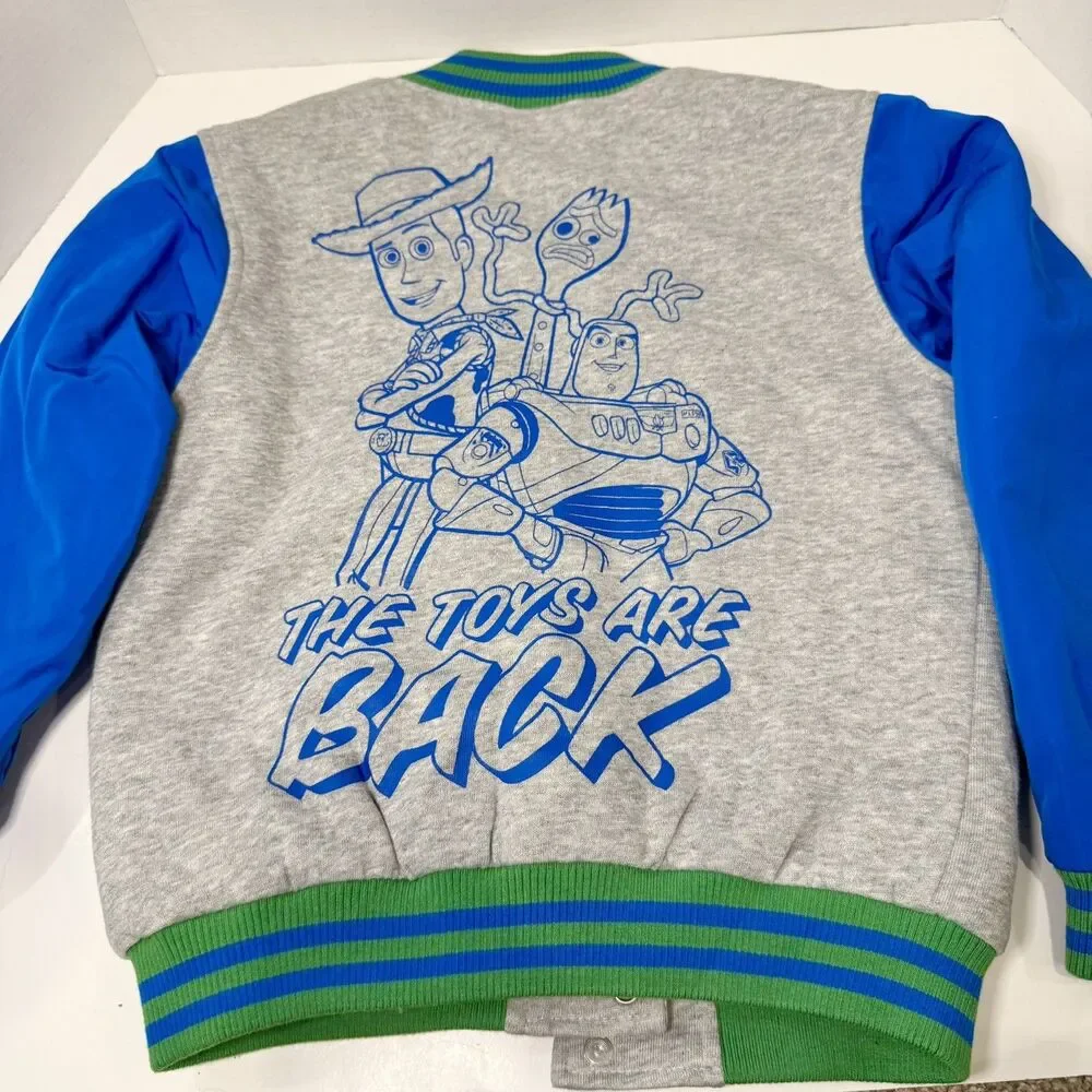 Disney Toy Story 4 Boys Size 5/6 Varsity Jacket Woody Buzz Forky Blue Green Gray